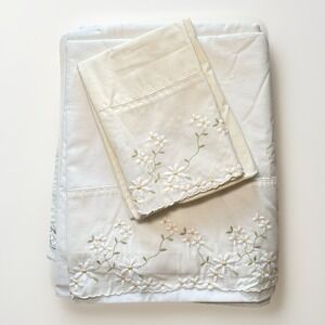 VTG Wamsutta Supercale‎ Plus Ivory Full Flat Sheet & Pillowcase Daisy Embroidery